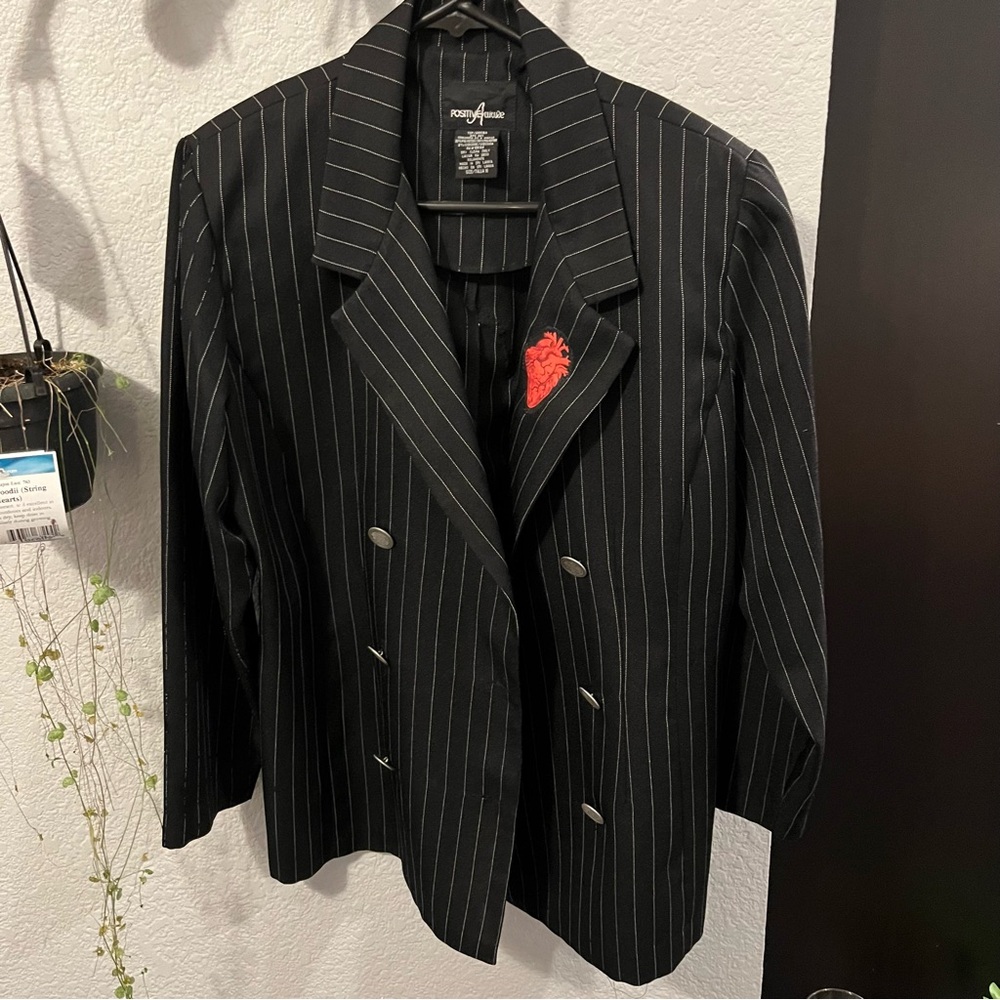 Anatomical heart & sexy sugar skull  appliqué vintage Black Striped Blazer